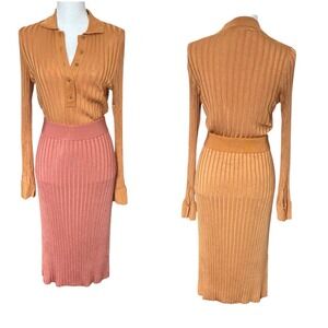 PARTOW Ribbed Knit Polo Shirt Set Brown Pink XS Made in Italy